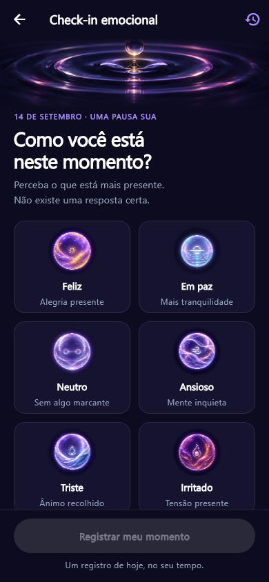 Tela de check-in emocional do Intualia: Como você está neste momento? Opções Feliz, Em paz, Neutro, Ansioso, Triste e Irritado.
