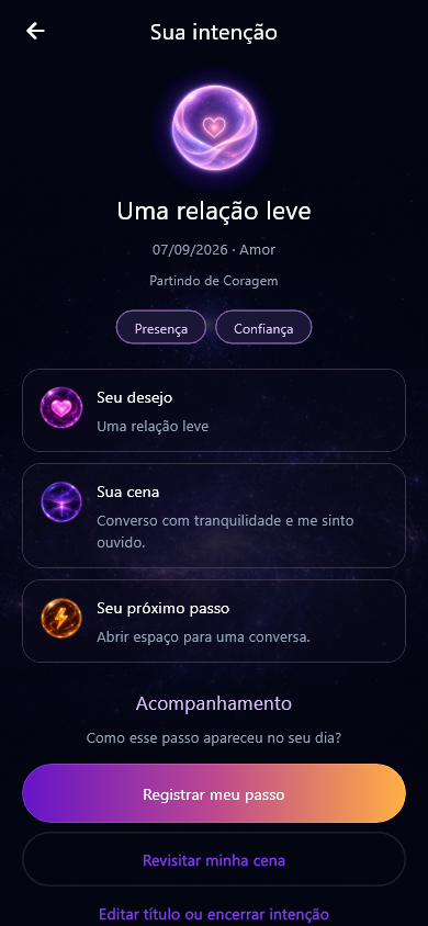 Tela Sua intenção, com o exemplo Uma relação leve: desejo, cena, próximo passo e acompanhamento.